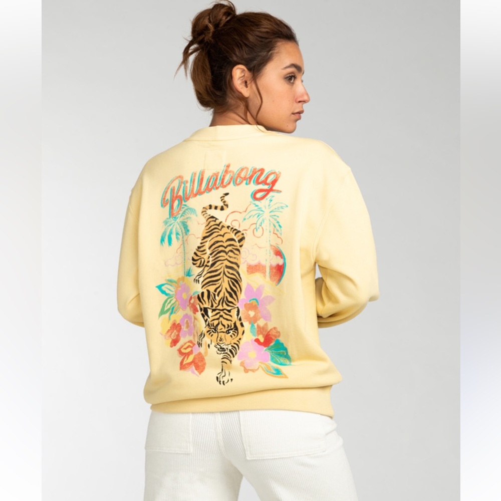 Billabong After Surf Tiger Oversize Sweatshirt Lemon Yellow Floral Logo Graphic